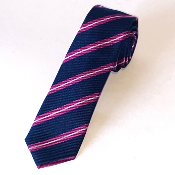 Original Penguin 100% Silk Navy & Purple Stripe Skinny Neck Tie - Picture 1 of 7